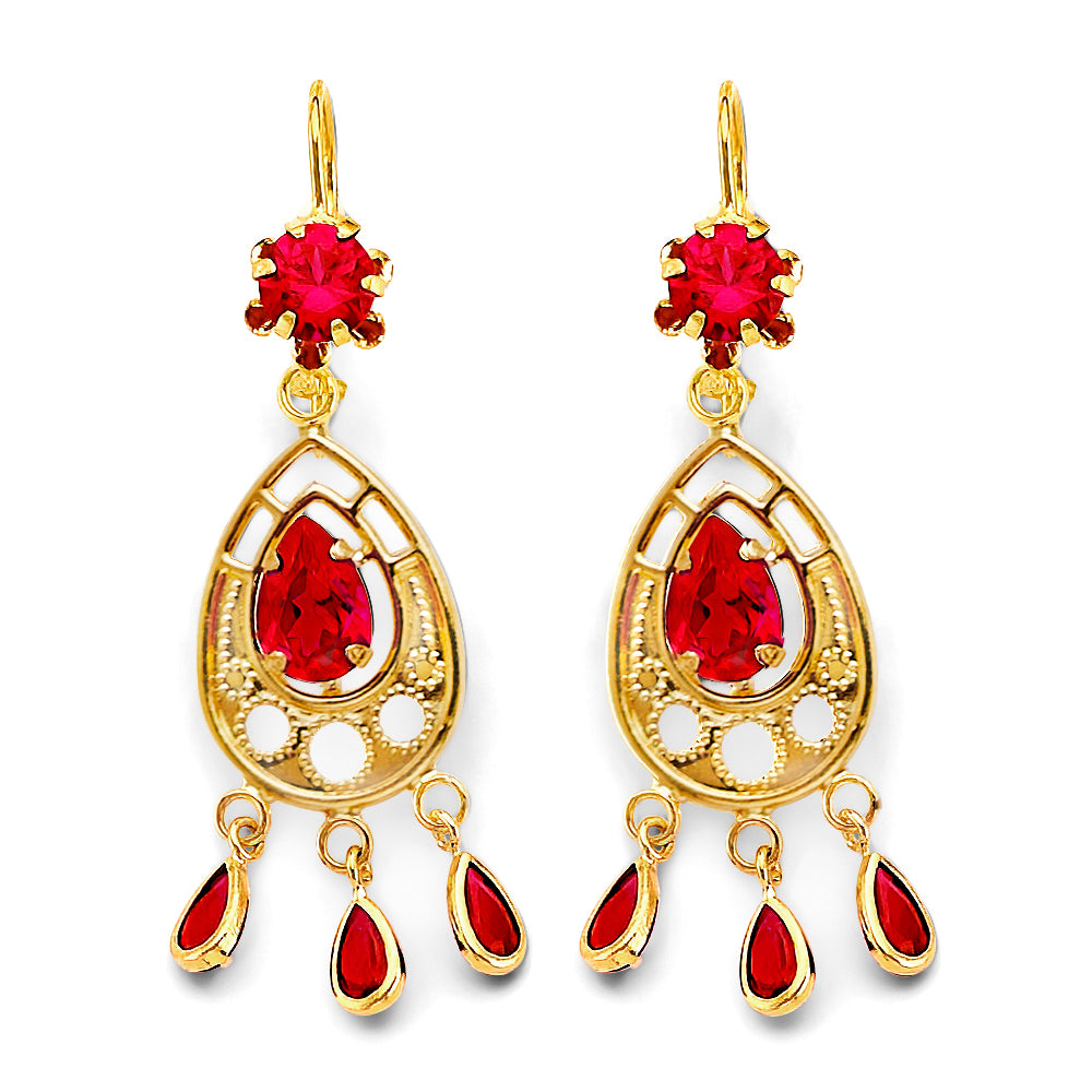 14K Yellow Gold Red CZ Chandelier Earrings