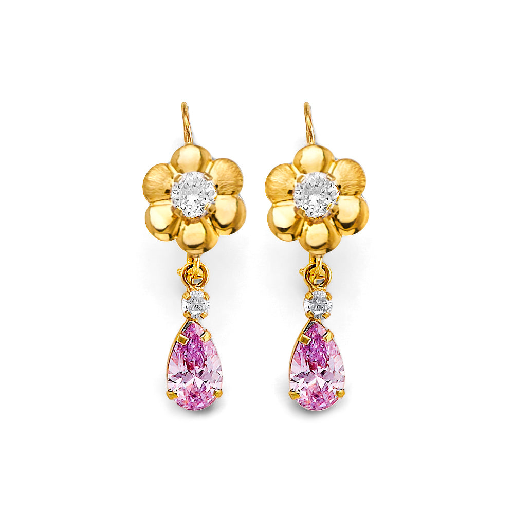 14K Yellow Gold Pink Teardrop CZ Floral Wire Hook Earrings