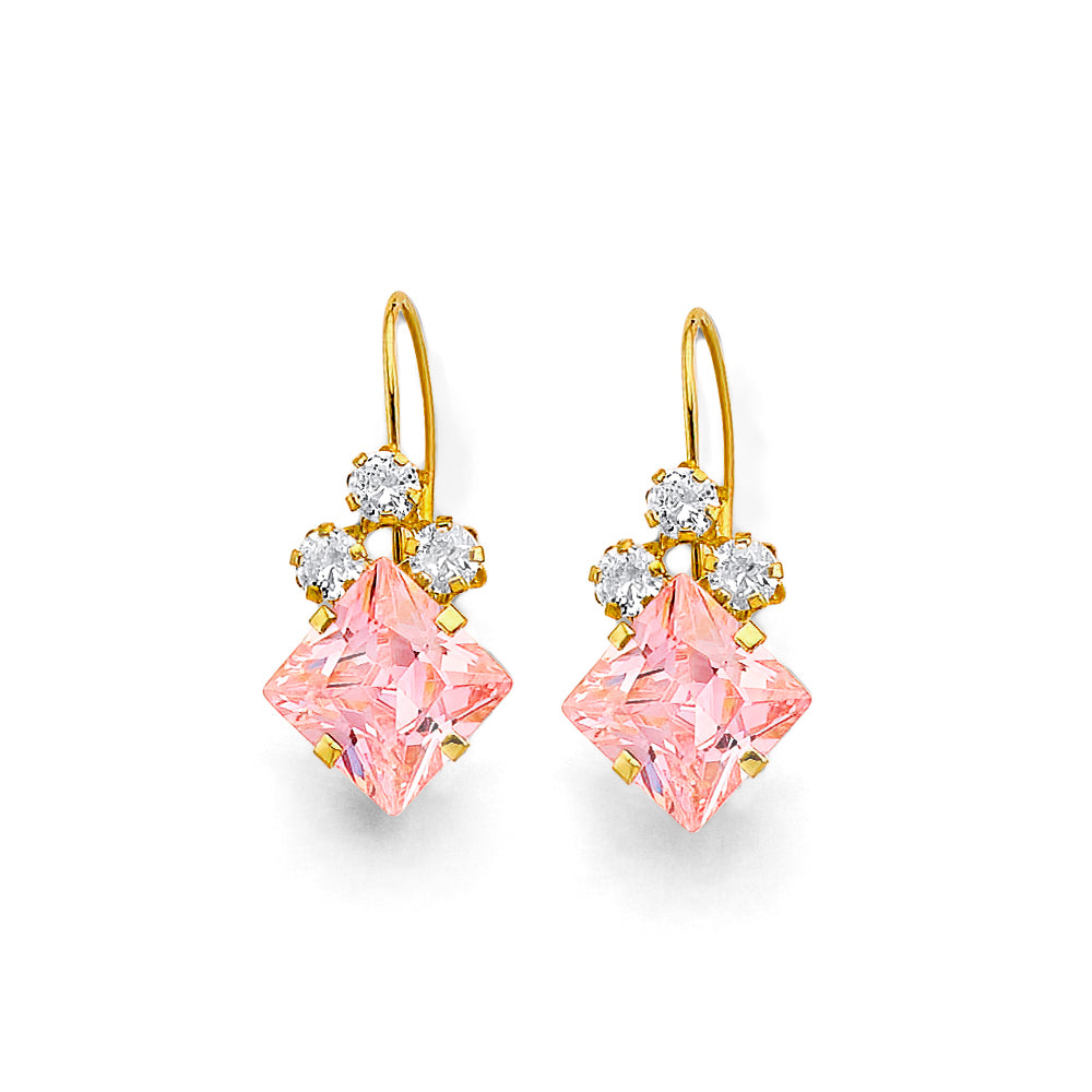 14K Yellow Gold Pink CZ & White CZ Wire Hook Earrings