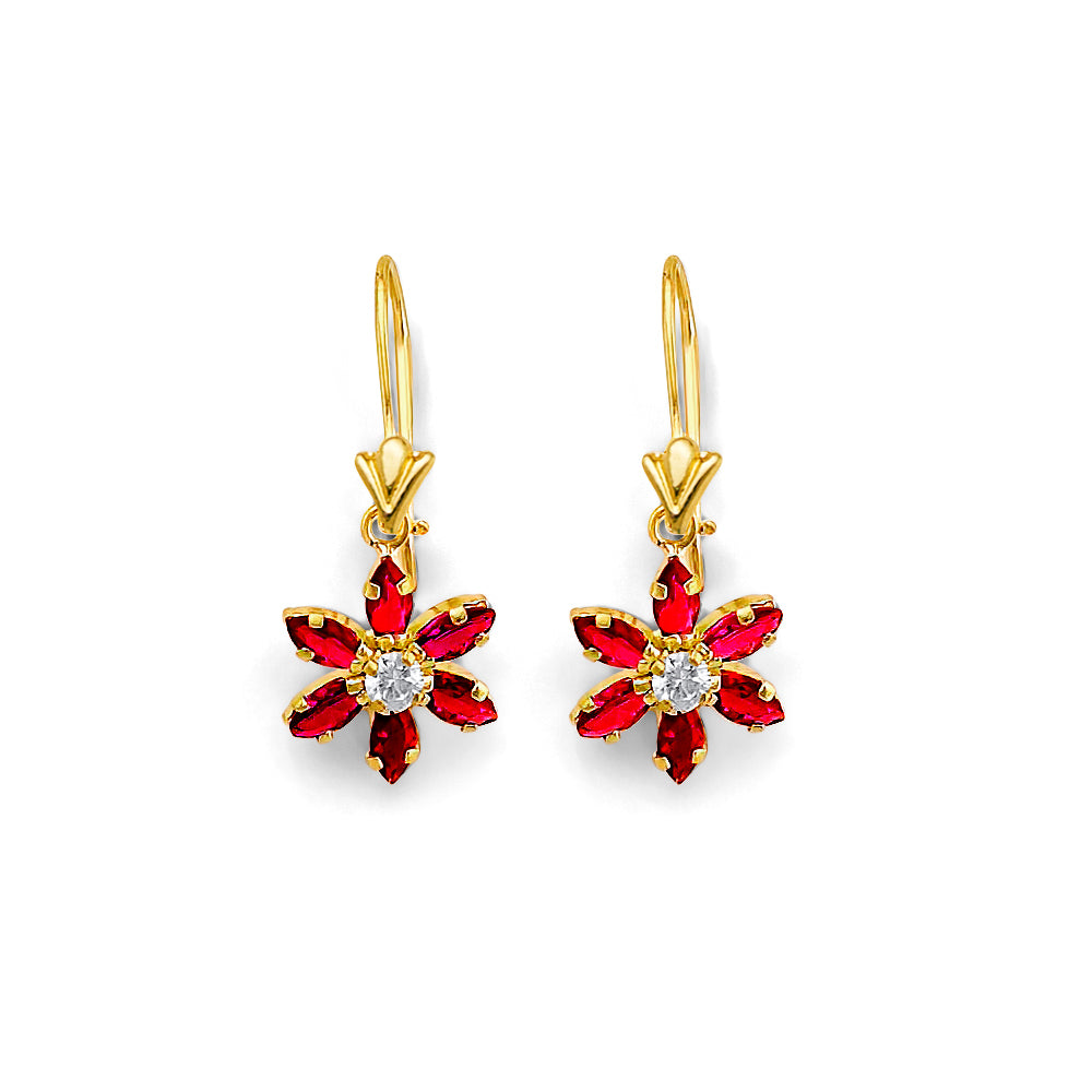 14K Yellow Gold CZ Floral Wire Hook Earrings