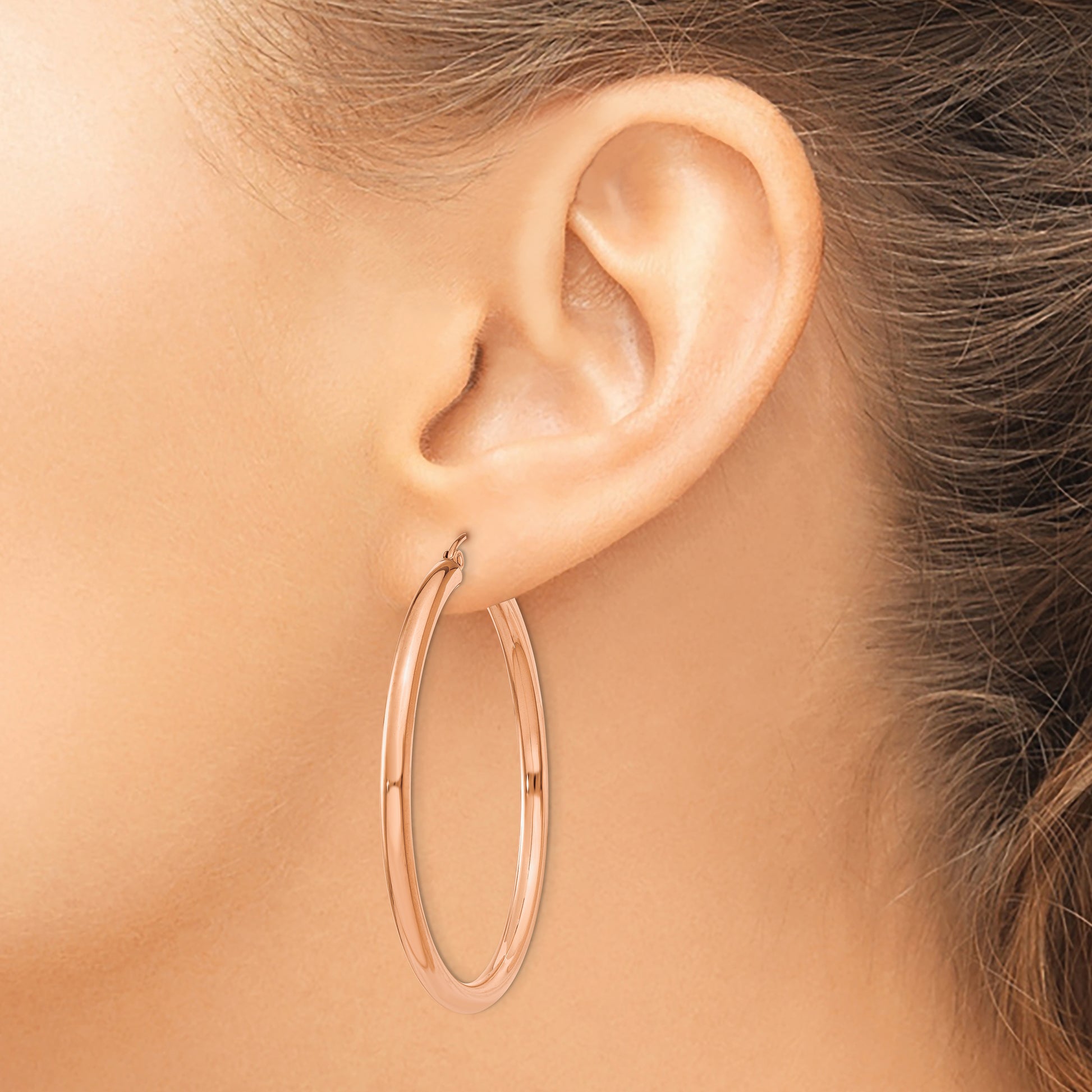 14k Rose Gold Polished 3mm Lightweight Tube Hoop Earrings