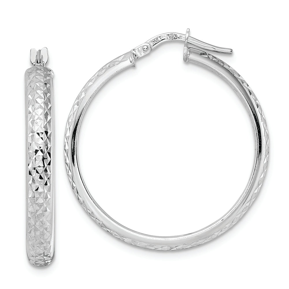14K White Gold Diamond Cut Hoop Earrings