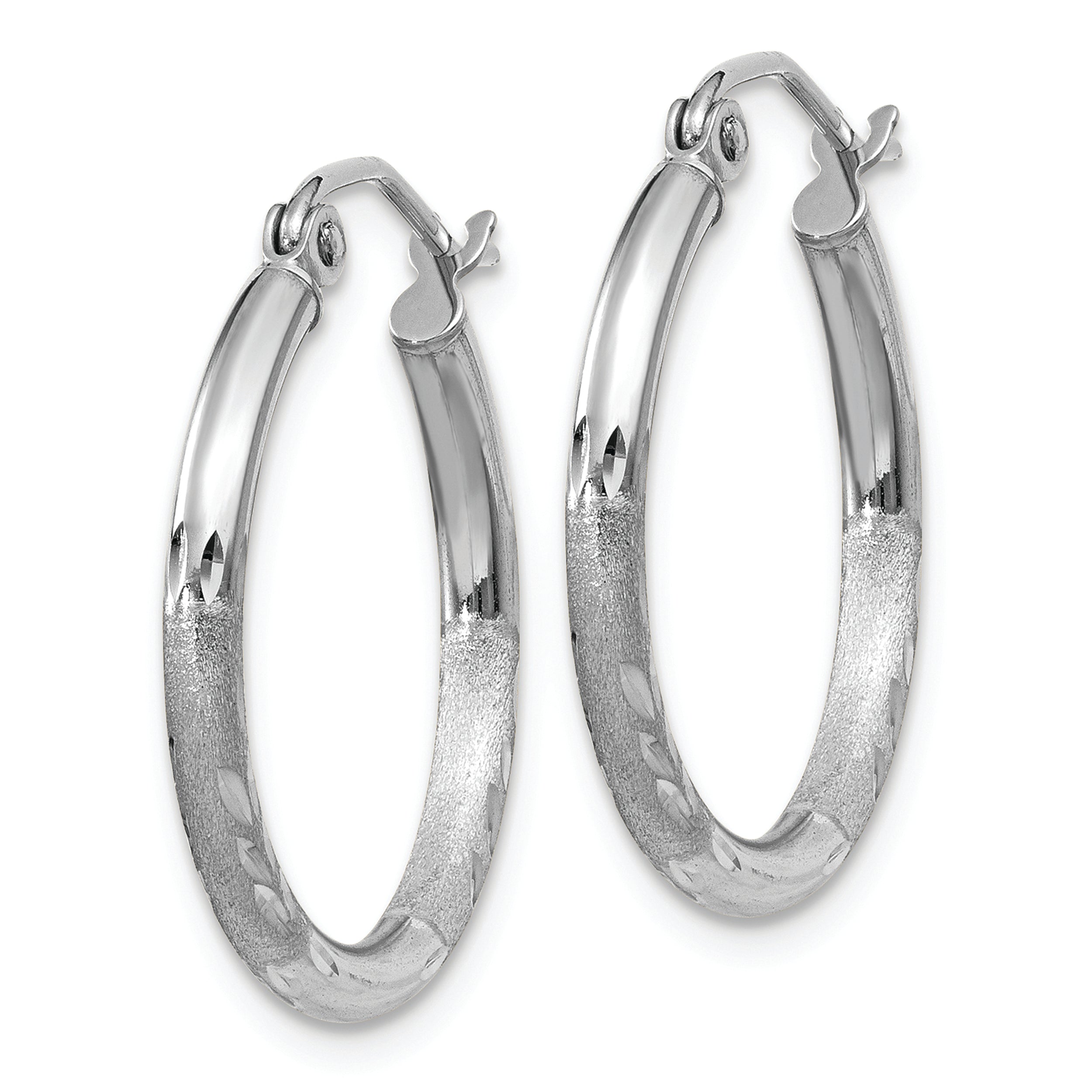 14k White Gold Satin and Diamond-cut 2mm Round Hoop Earrings