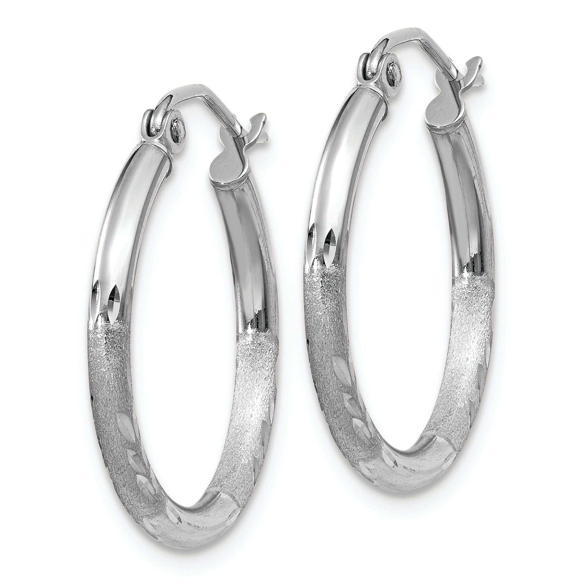 14k White Gold Satin and Diamond-cut 2mm Round Hoop Earrings