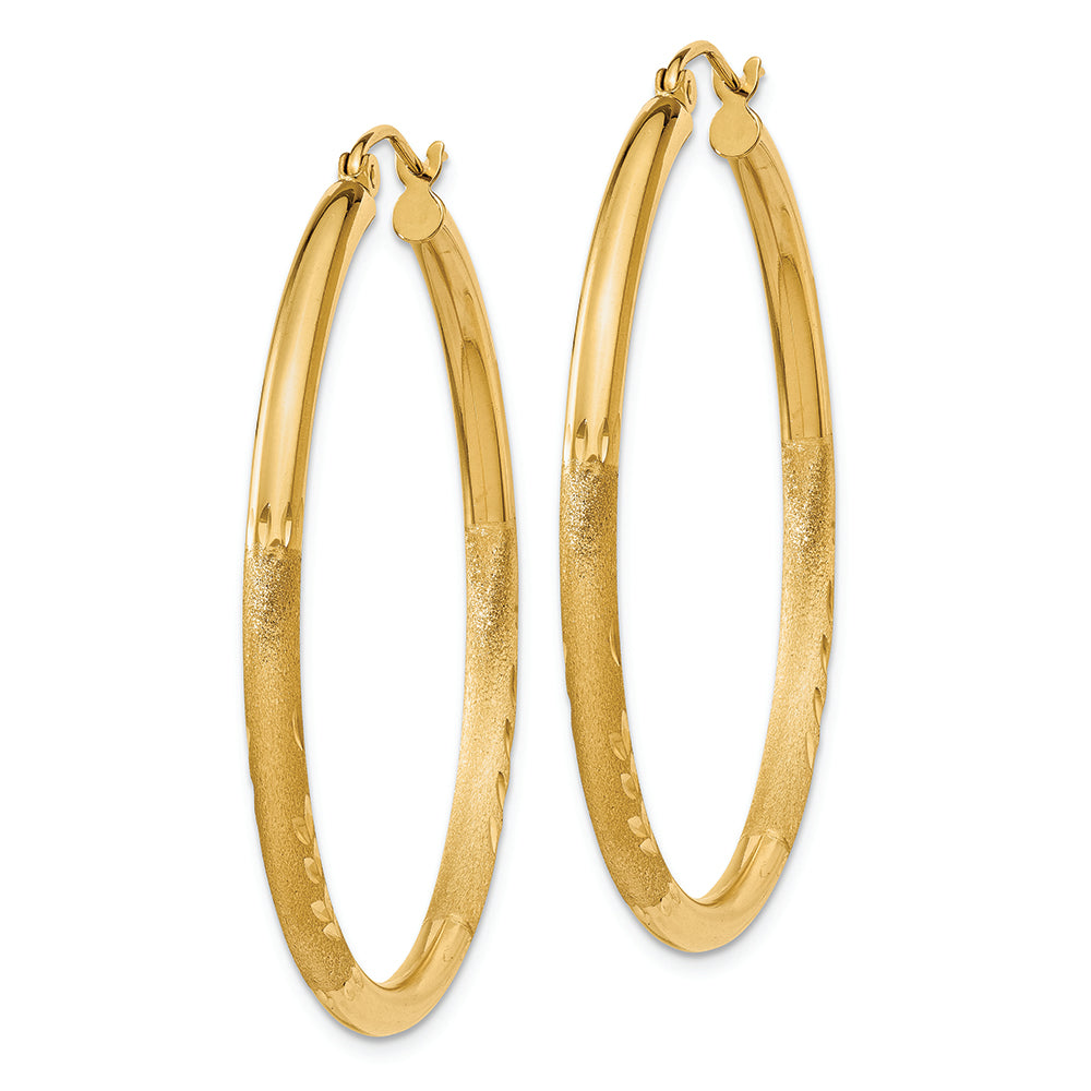 14k Satin and Diamond-cut 2.5mm Round Hoop Earrings