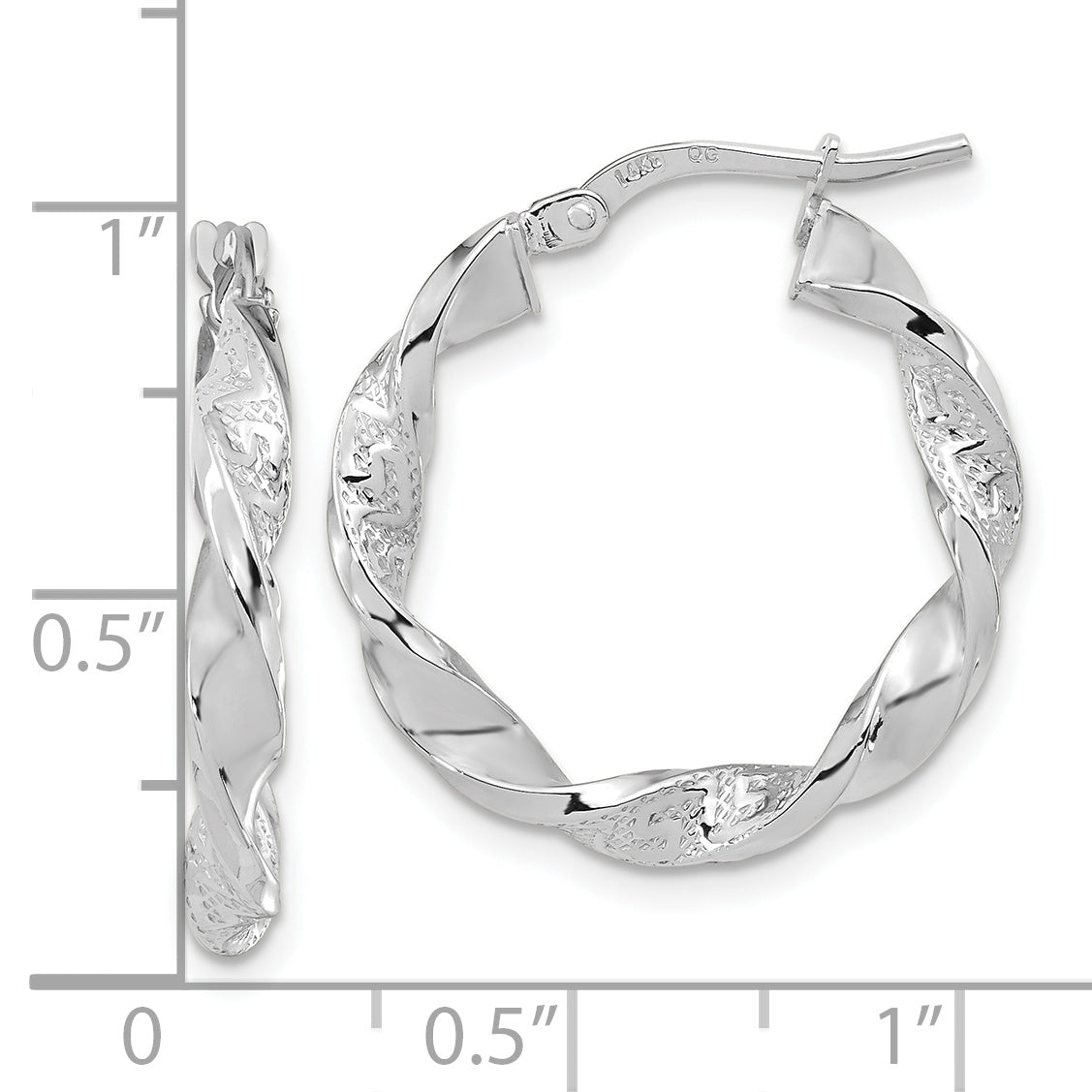 14k White Gold Polished and Textured Twisted Hoop Earrings