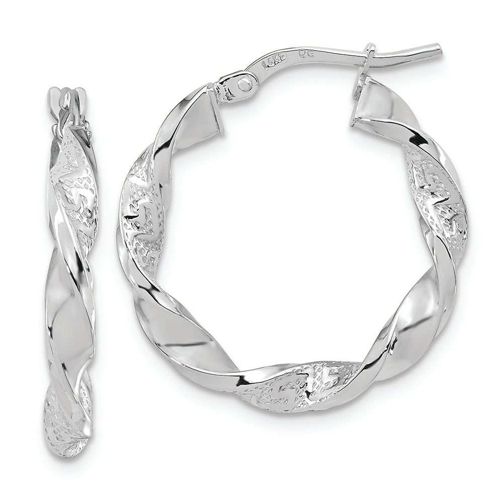 14k White Gold Polished and Textured Twisted Hoop Earrings