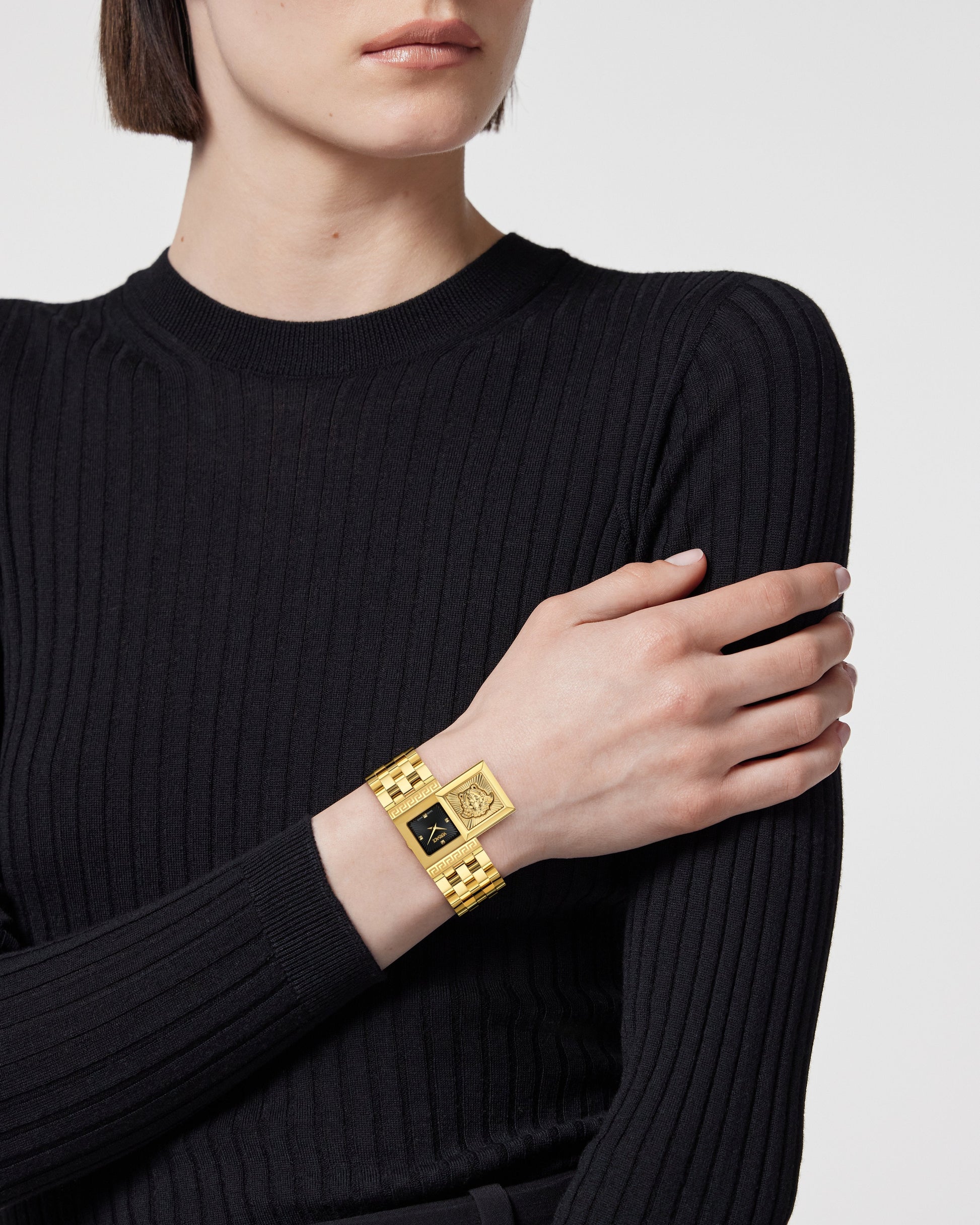 18X25MM IP Yellow Gold Case Black Sunray Dial Gold Bracelet