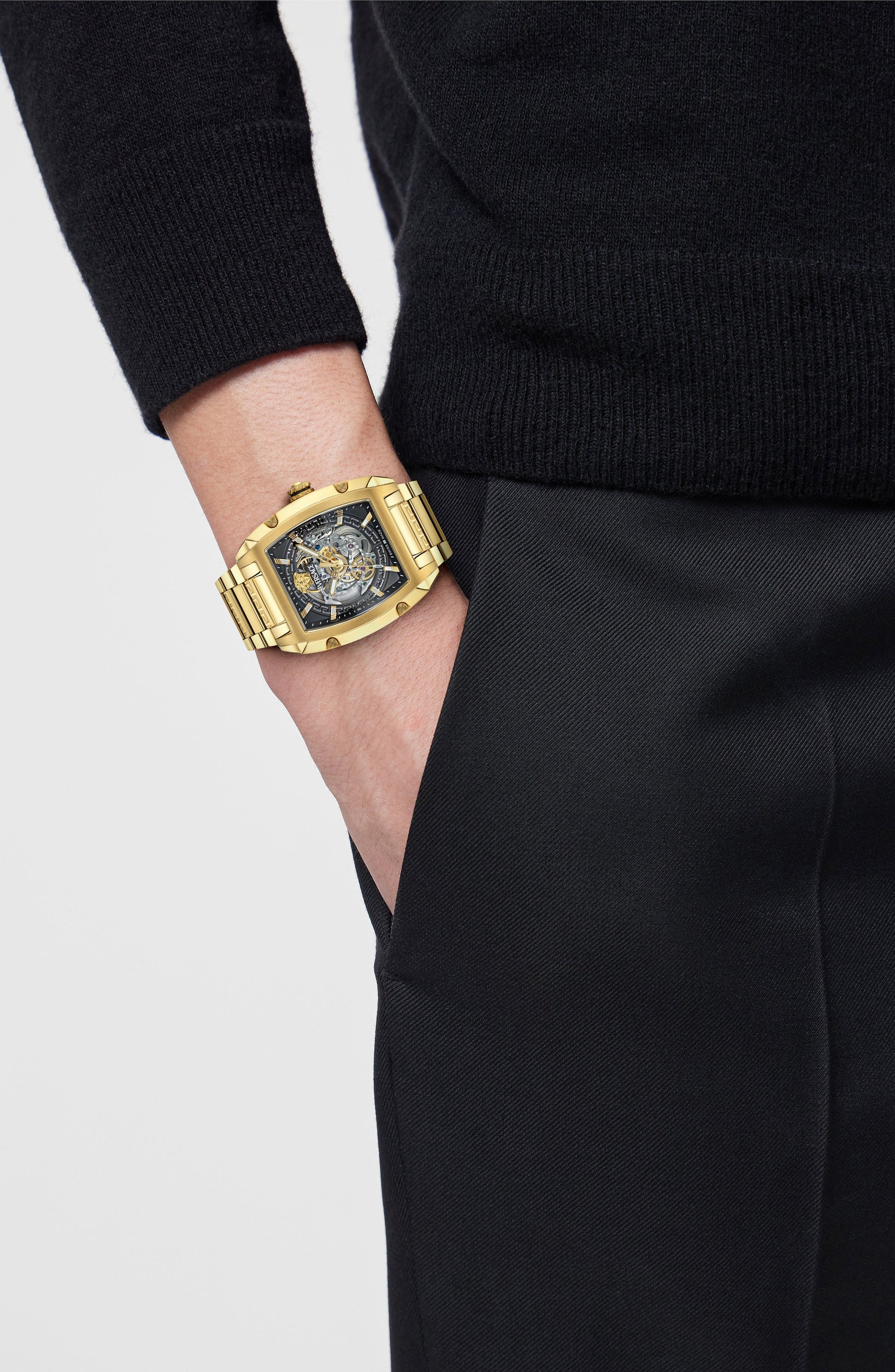 42X49.5MM IP Yellow Gold Case Black Skeleton Dial Gold Bracelet