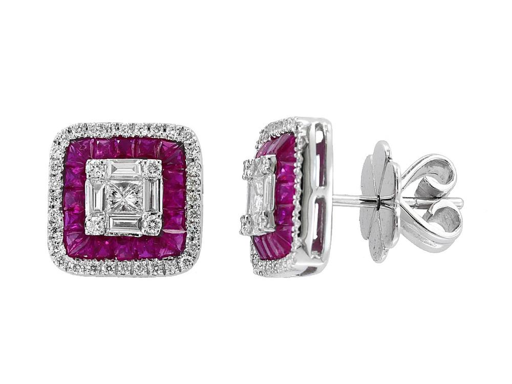 EFFY 18K WHITE GOLD DIAMOND,NATURAL RUBY EARRINGS
