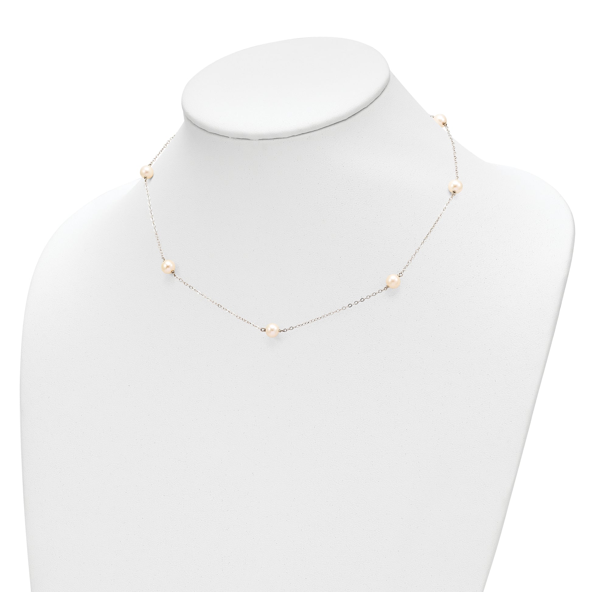 14K White Gold 5-6mm Round White FWC Pearl 7 Station Necklace