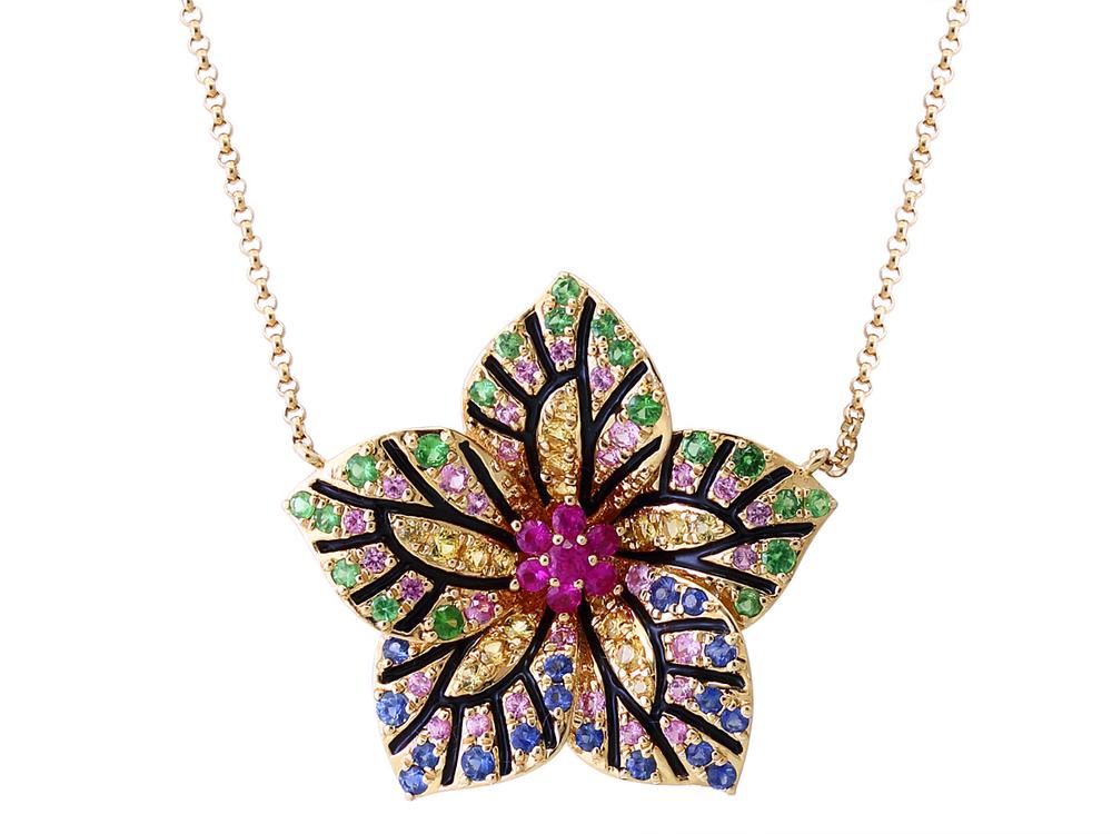 EFFY 14K YELLOW GOLD ,NATURAL CEYLON SAPPHIRE,PINK SAPPHIRE,NATURAL RUBY,TSAVORITE,YELLOW SAPPHIRE NECKLACE