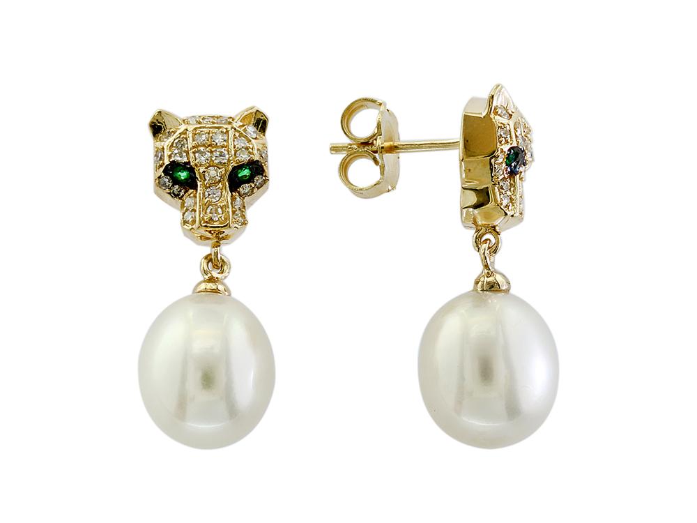 EFFY 14K YELLOW GOLD DIAMOND,EMERALD,FRESH WATER PEARL EARRINGS