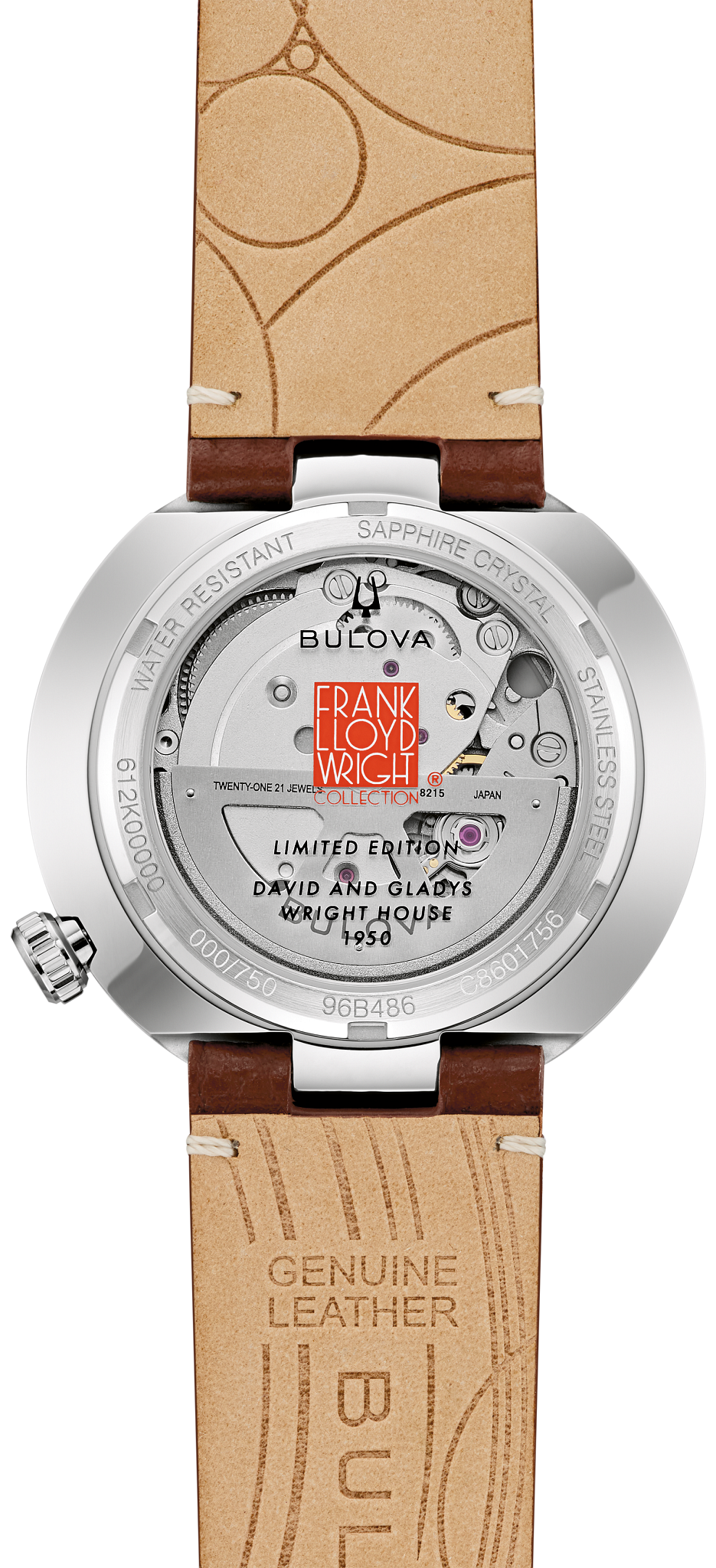 Bulova Frank Lloyd Wright David & Gladys Wright House 96B486 Watch — caseback and strap lining