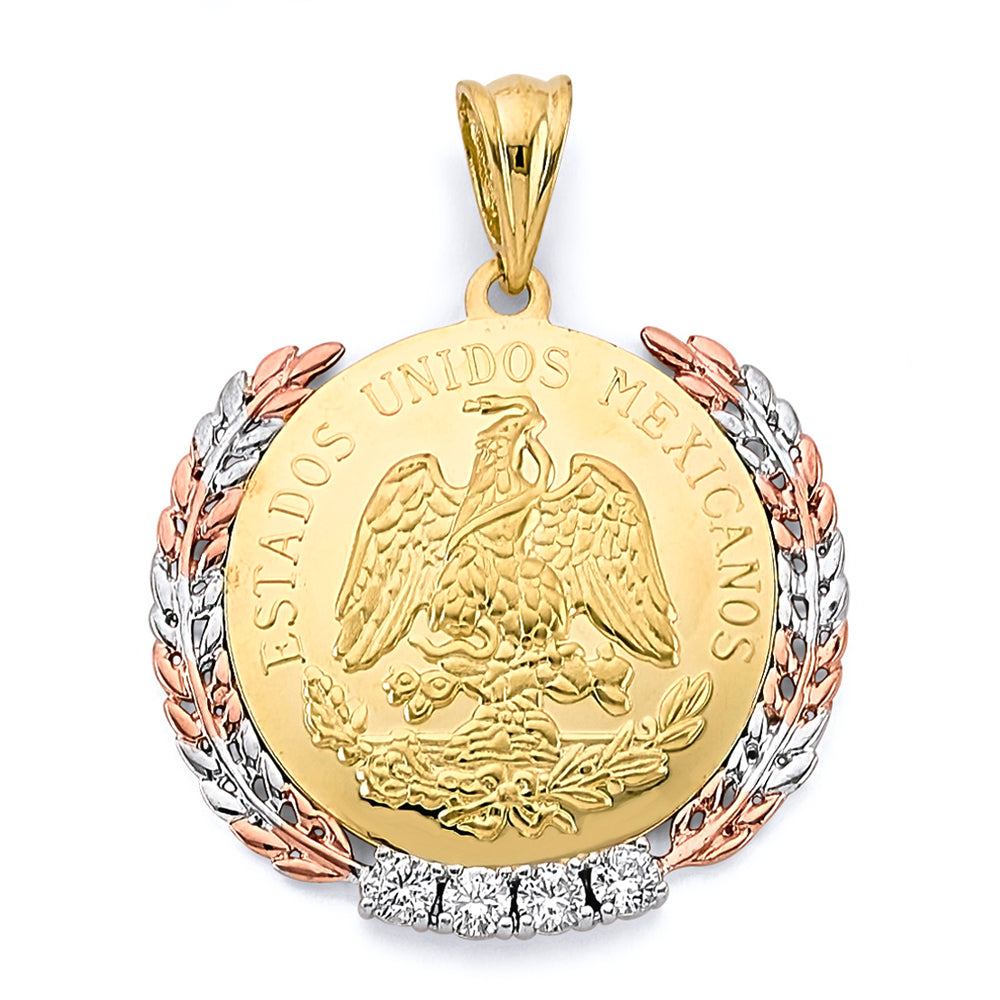 14K Tri-Color CZ Framed Medal Coin Pendant