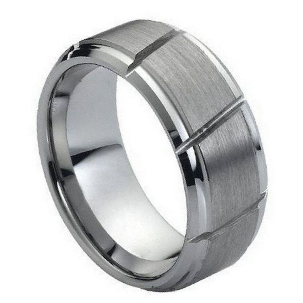 Caelum Meridian — Diagonal-Groove Brushed Tungsten Band — 9 mm — Silver tone