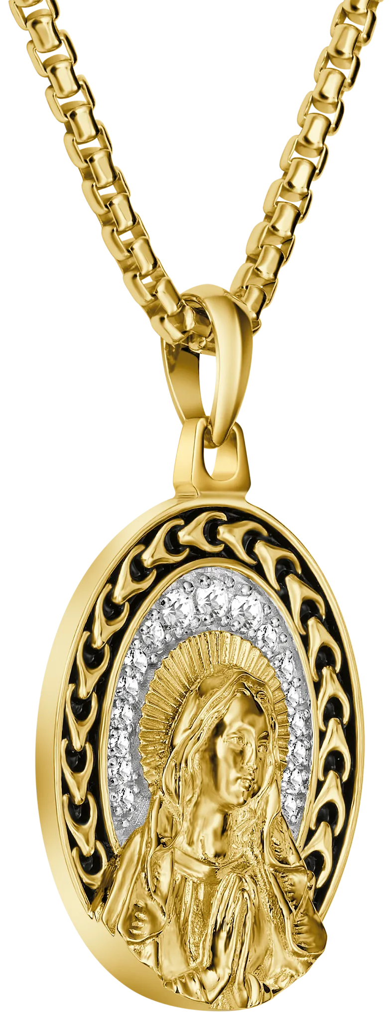 Bulova Link Blessed Mary White Topaz Pendant Necklace — angled pendant view — BVP1140-YSWTO