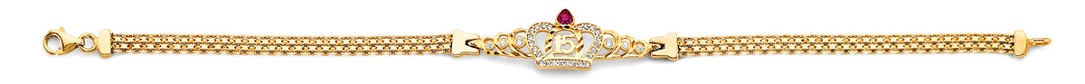 14K two-tone gold 15 Años bracelet with crown centerpiece and cubic zirconia accents
