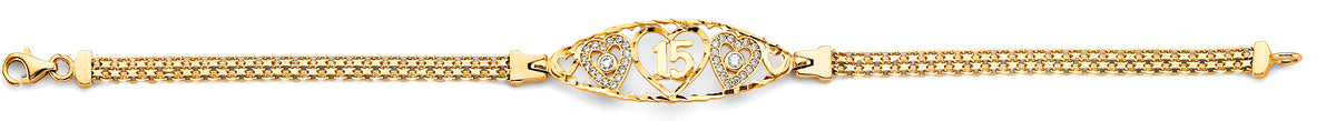 14K two-tone gold 15 Años ID bracelet with heart centerpiece and cubic zirconia accents