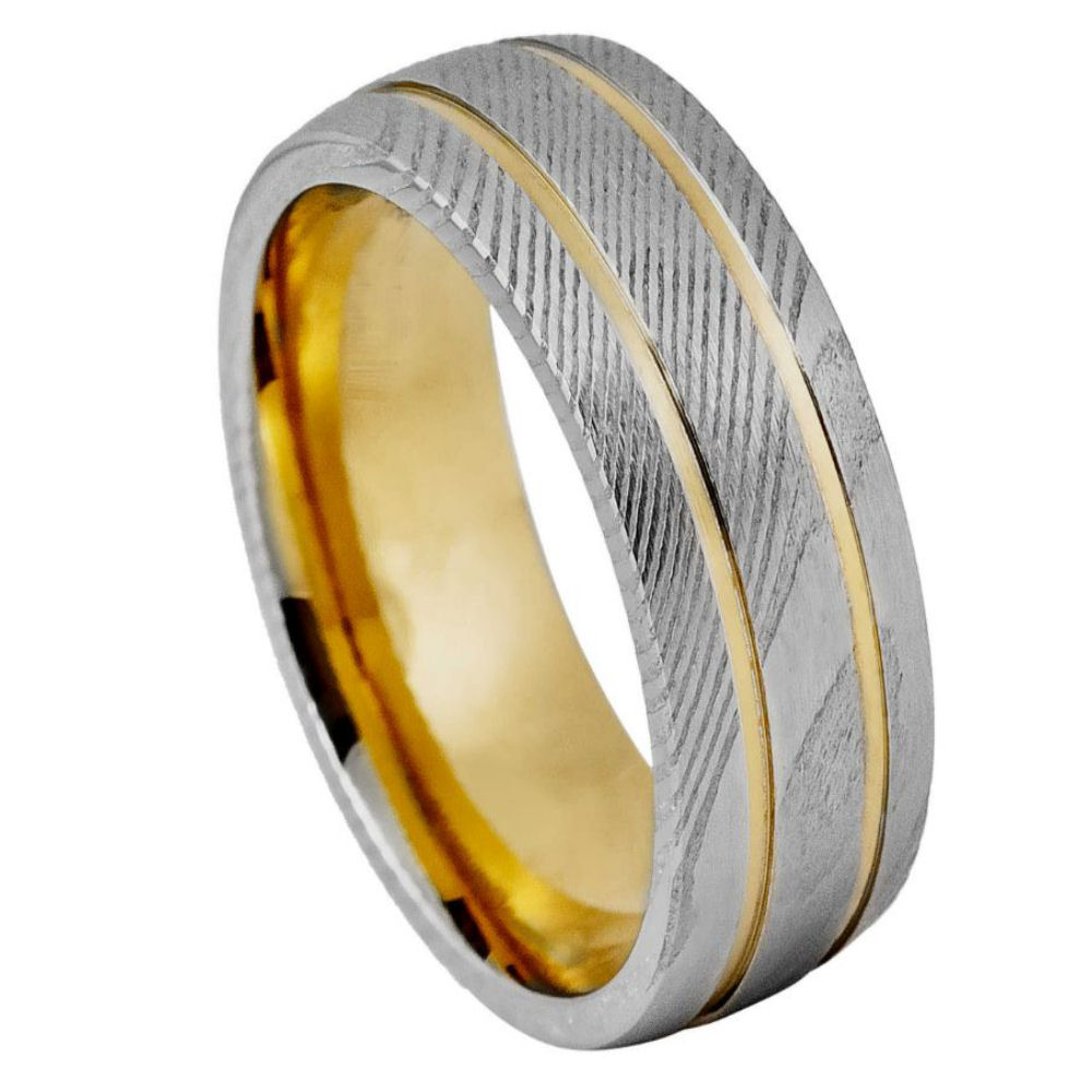 Cassia Meridian VI — Double-Groove Damascus Band — 8 mm — Yellow gold tone