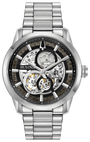 Bulova Sutton 96A208 black skeleton dial with silver-tone stainless steel case and bracelet