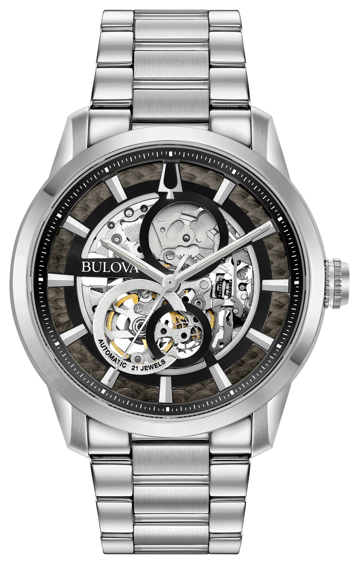 Bulova Sutton 96A208 black skeleton dial with silver-tone stainless steel case and bracelet