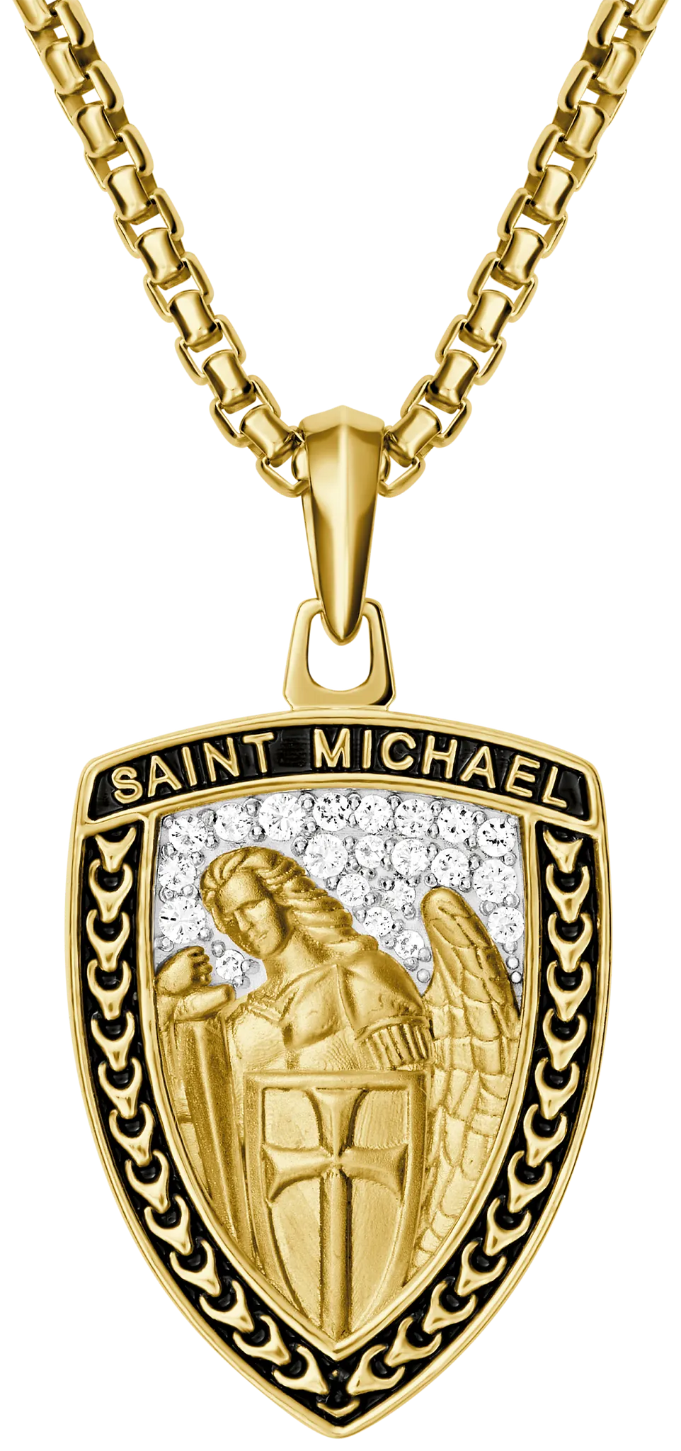 Bulova Link Saint Michael White Topaz Shield Pendant Necklace — BVP1141-YSWTO